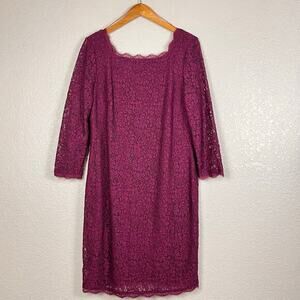 Adrianna Papell Cocktail Dress Womens 14 Merlot Lace 3/4 Sleeve Square‎ Neck